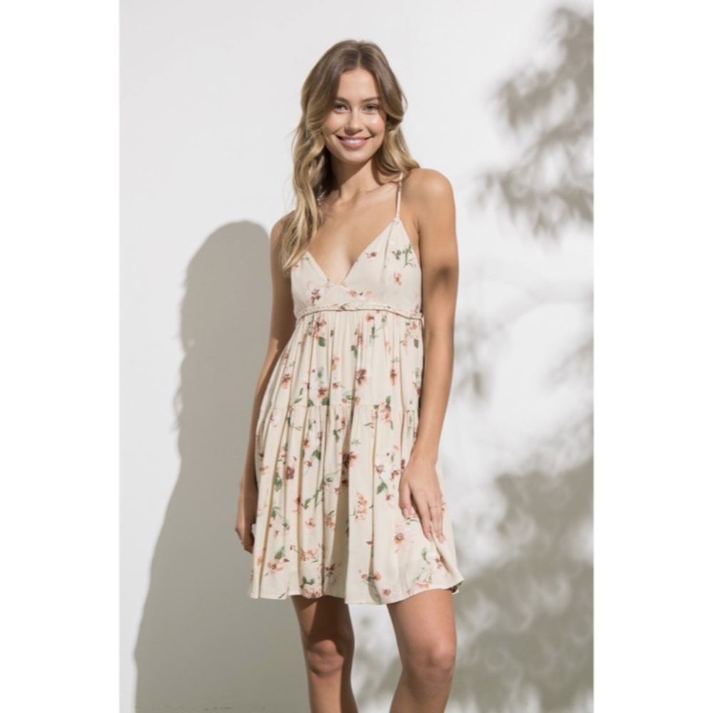 SOLD OUT Yulia Cream Floral Flowly Tie Back Mini Spring Summer Boho Casual Dress - Picture 5 of 6